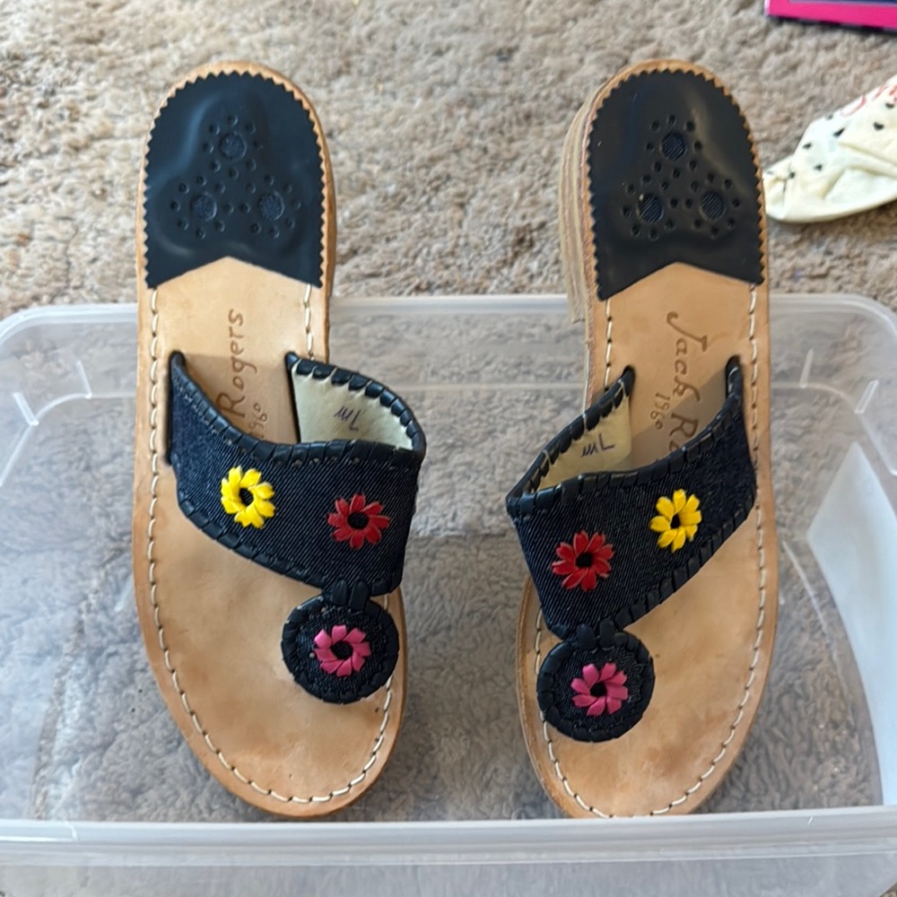 Jack Rogers Black and Tan Sandals with Colorful Floral Design